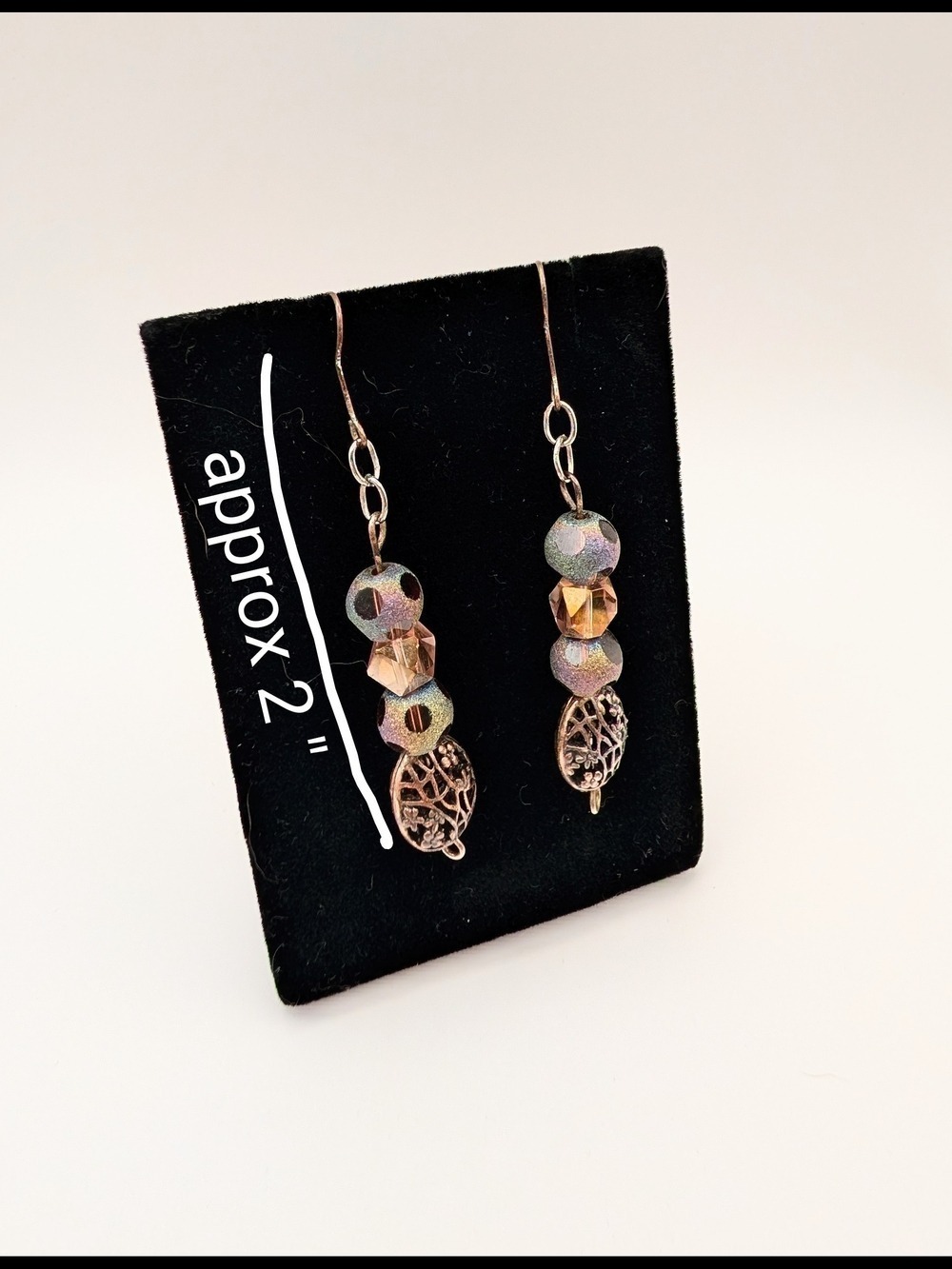 Handmade Rose Gold Drop Earrings Iridescent Beads - Picture 2 of 3